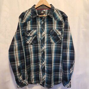 Rock & Republic Button-Up Roll Tab Shirt Mens XXL Blue Plaid Long Sleeve Pockets